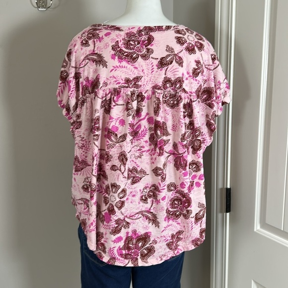 Anthropologie Pilcro Top Pink Combo Floral Ruched Henley Tee Size L - Picture 7 of 14